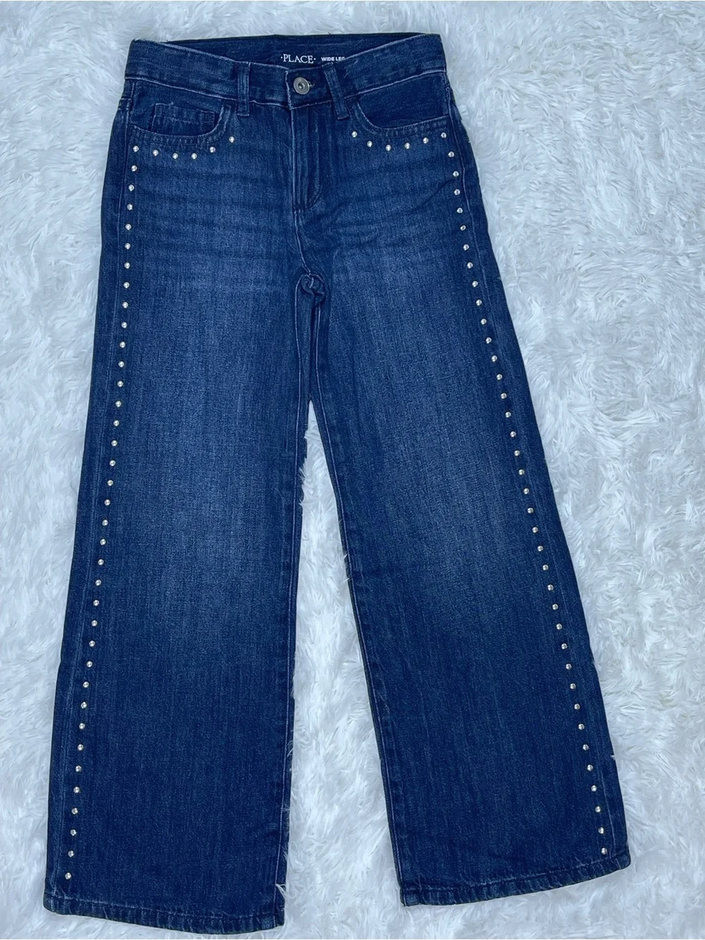 The Children's Place Girl’s Dark Blue Studded Wide-Leg Jeans Size 8 NWT